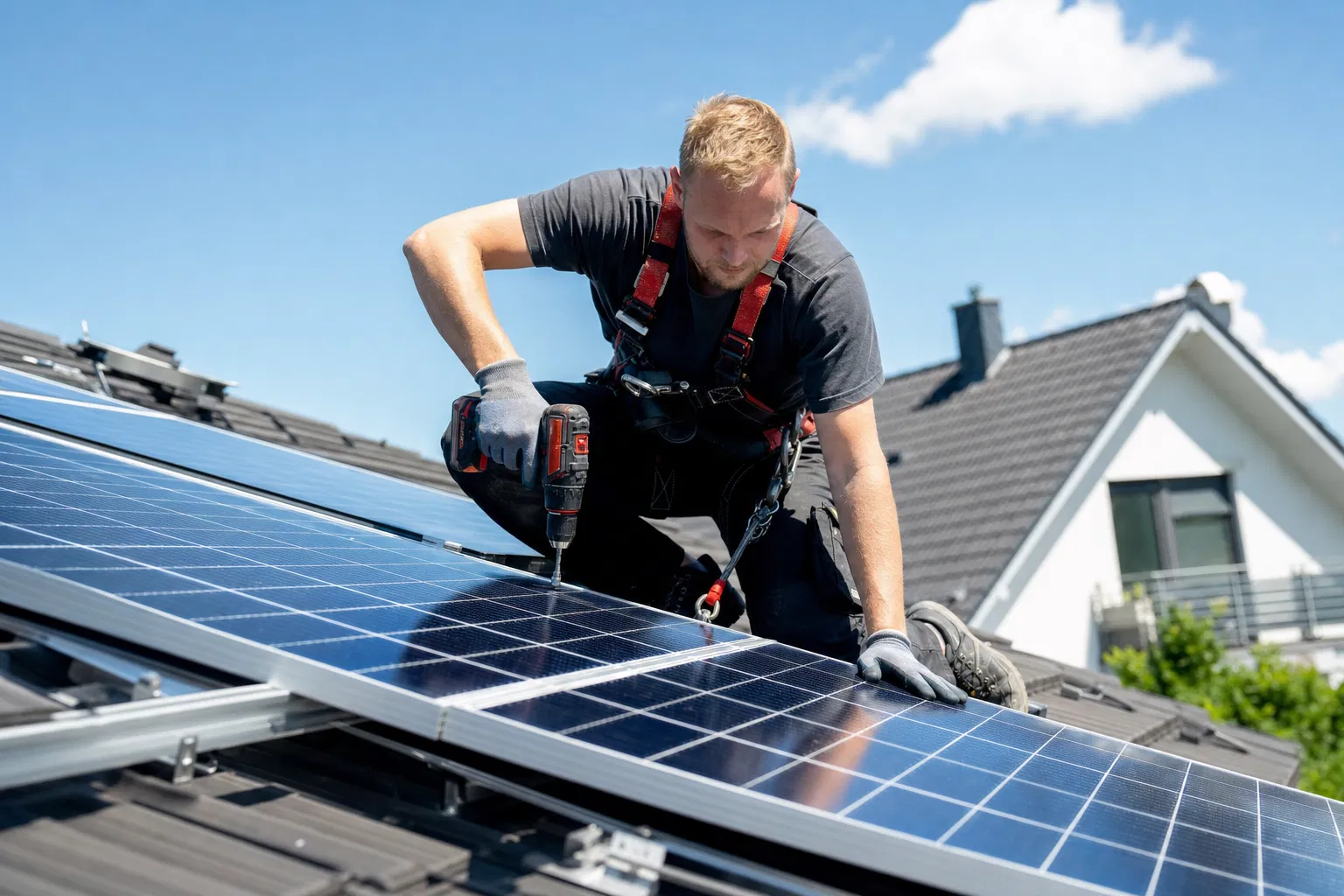 Elektriker montiert Solaranlage auf Wohnhausdach – lukrative Spezialisierung im Elektrohandwerk