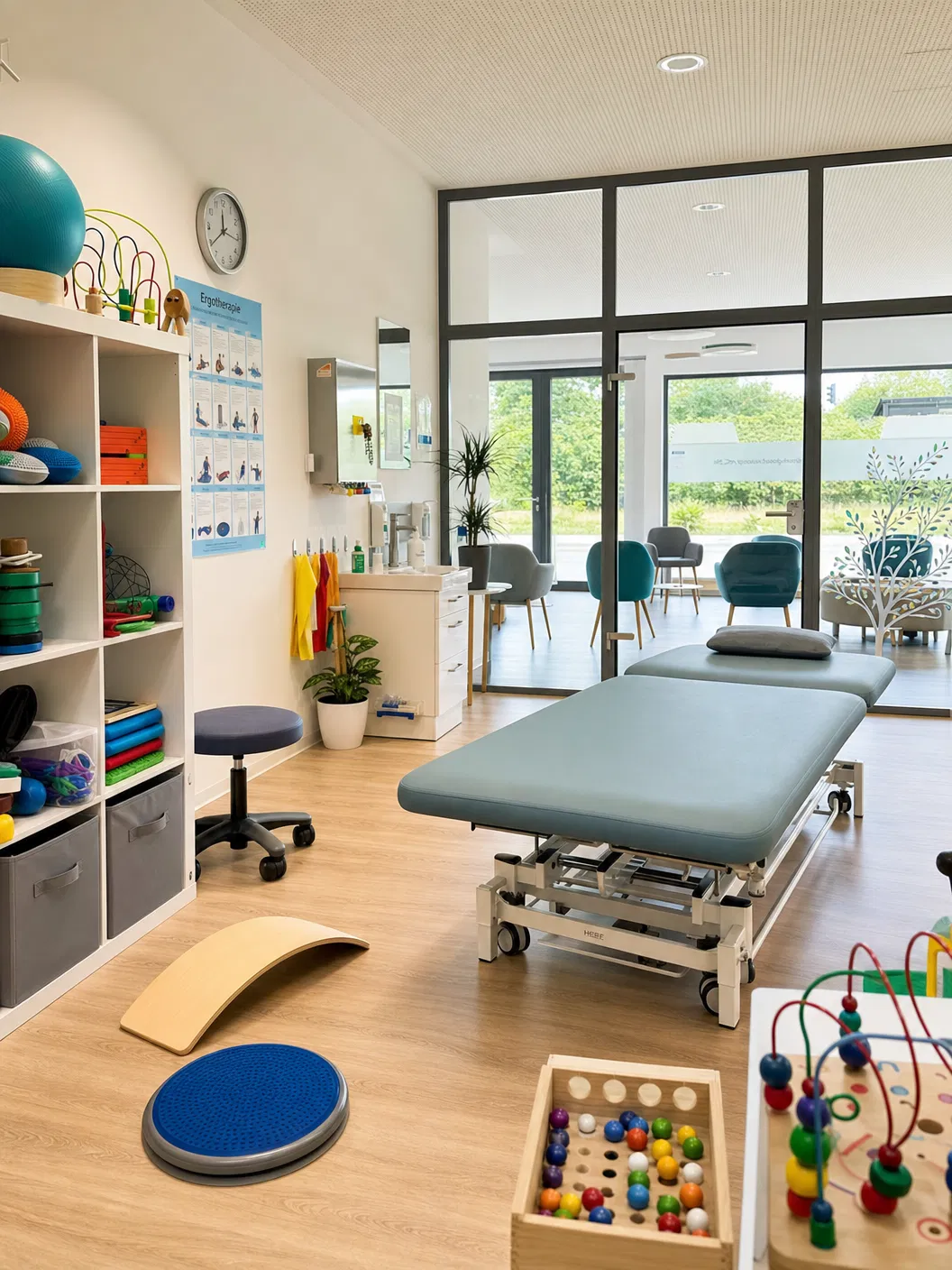 Gut ausgestatteter Ergotherapie-Praxisraum mit Behandlungsliege, Therapiematerial und Wartebereich