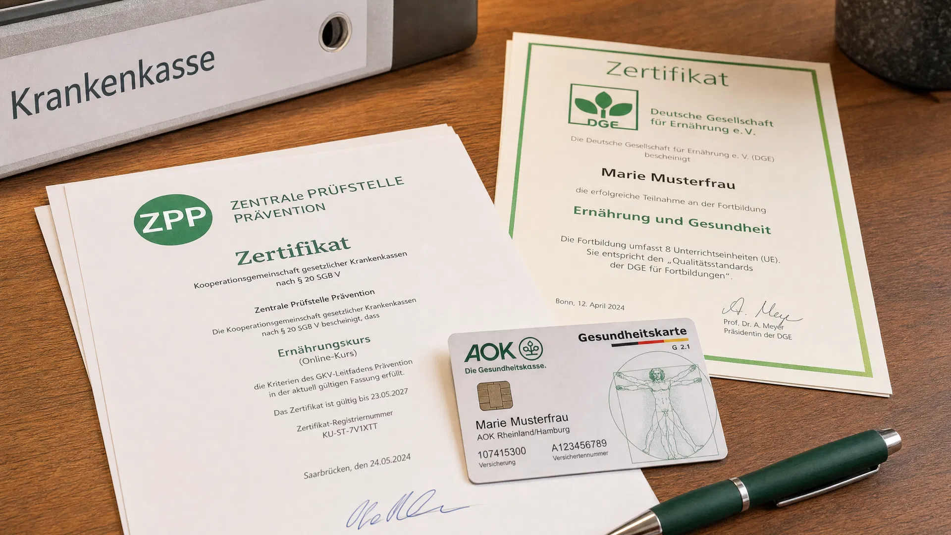 ZPP-Zertifikat und DGE-Urkunde auf Holztisch mit Krankenkassenkarte