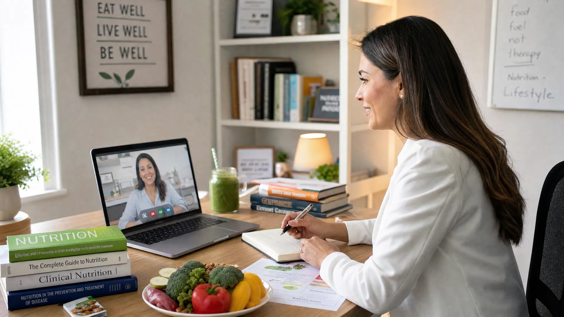 Ernährungsberaterin bei Online-Beratung mit Laptop und gesunden Lebensmitteln