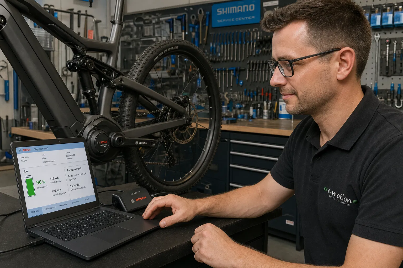 Fahrradmechaniker nutzt Bosch E-Bike Diagnose-Software am Laptop