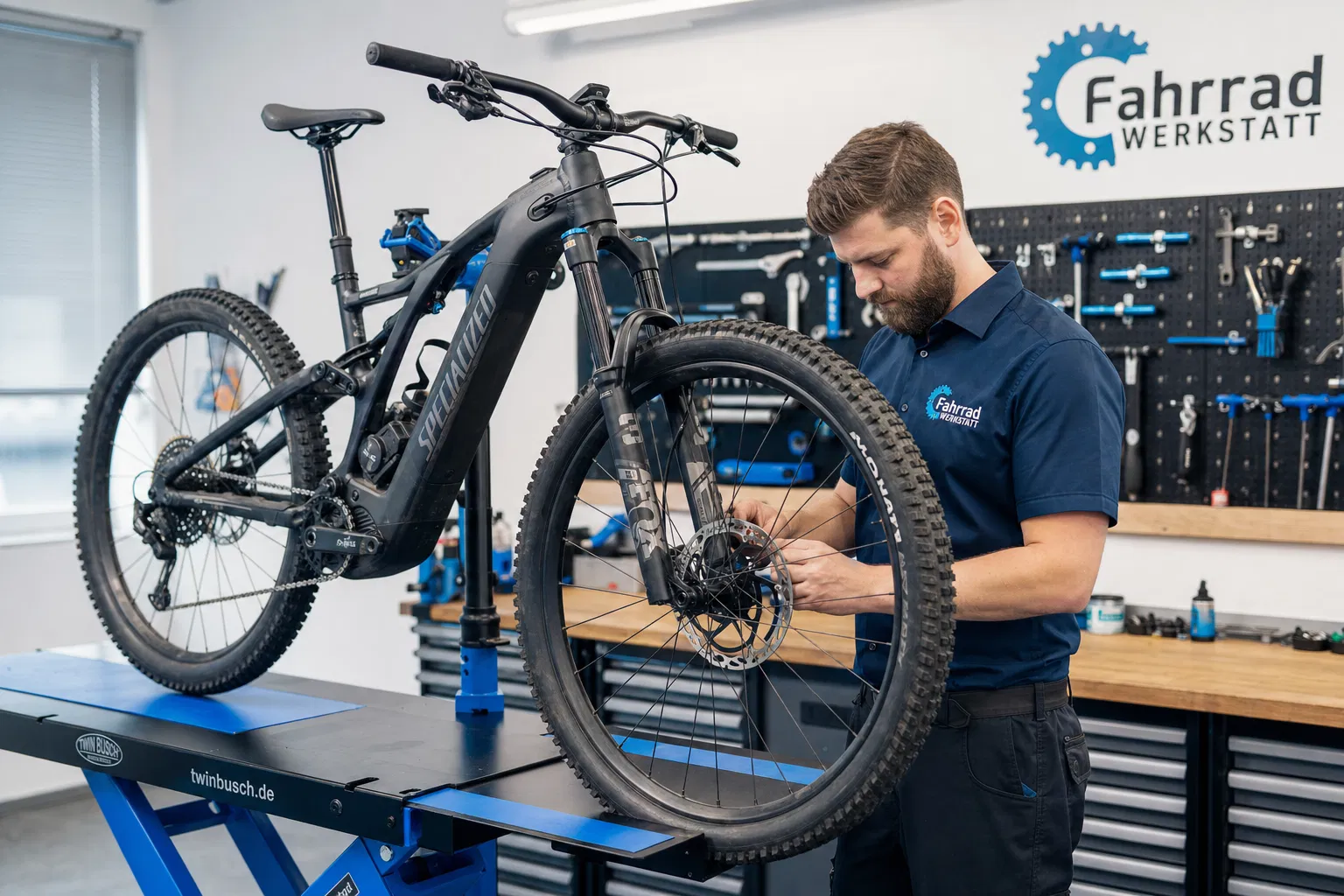 Fahrradmechaniker repariert E-Bike in professioneller Werkstatt