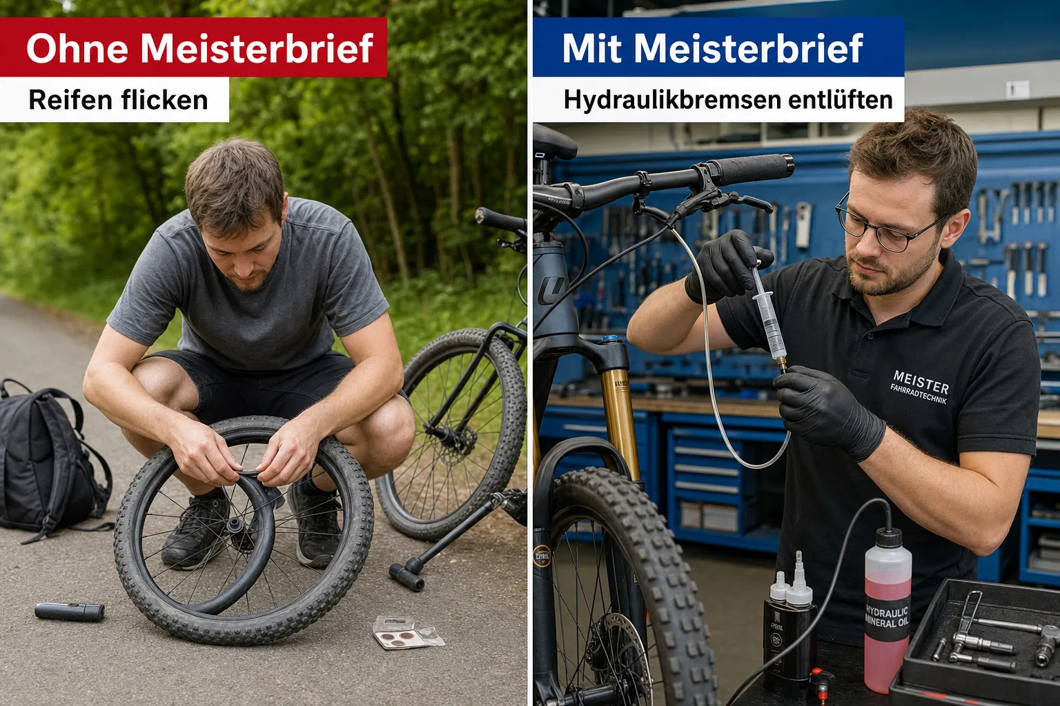 Vergleich: Ohne Meisterbrief Reifen flicken vs. Mit Meisterbrief Hydraulikbremsen entlüften