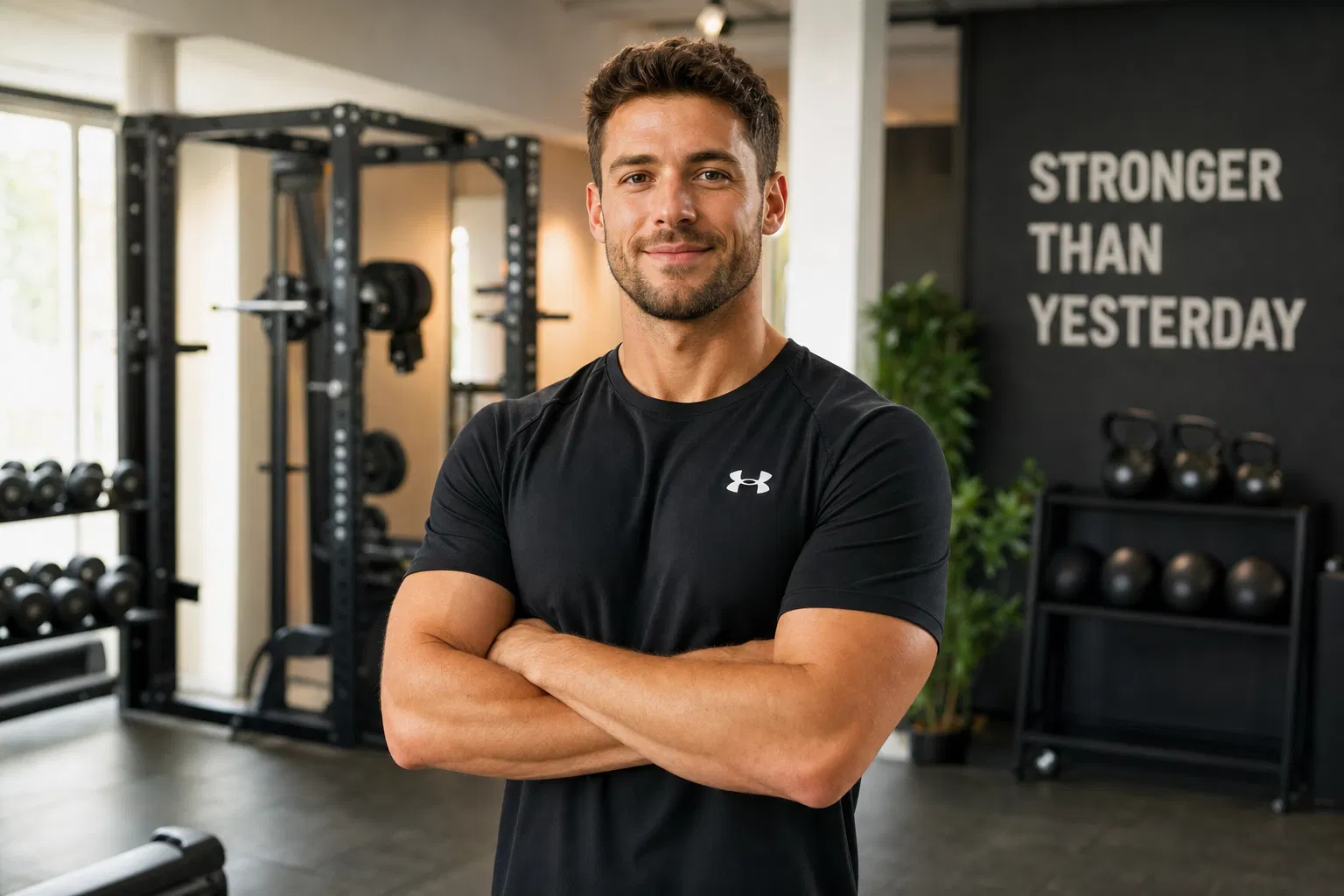 Selbstbewusster Fitnesstrainer im modernen Gym – Als Fitnesstrainer selbstständig machen 2026