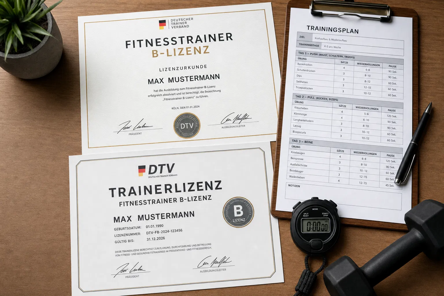 Fitnesstrainer B-Lizenz Zertifikat und Trainingsplan auf Holztisch – Lizenz Fitnesstrainer Selbstständigkeit