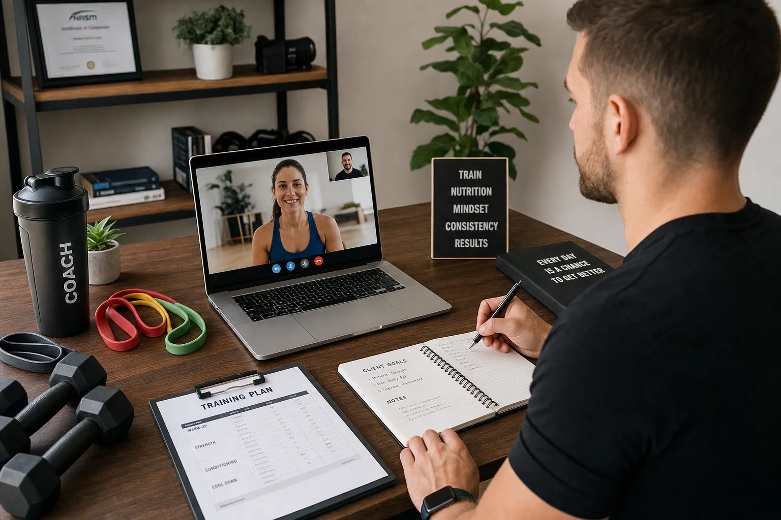Fitnesstrainer beim Online-Coaching am Laptop mit Trainingsplan und Widerstandsbändern – Online Personal Trainer Selbstständigkeit