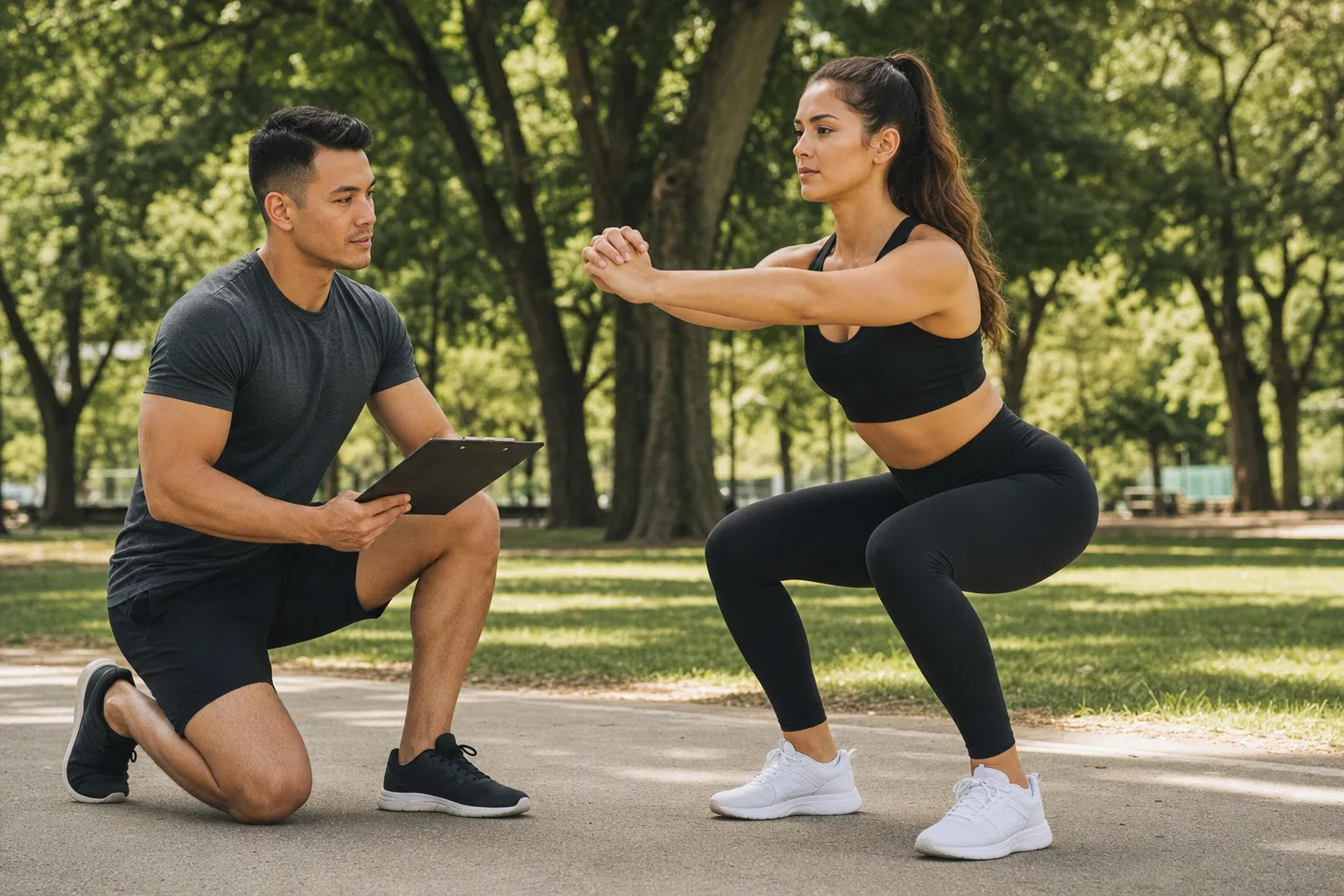 Personal Trainer coacht Kundin beim Squat im Park – 1:1 Personal Training Scheinselbstständigkeit vermeiden