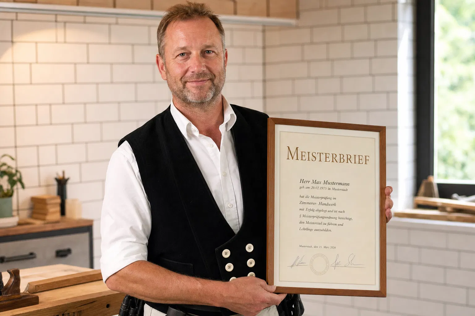 Handwerksmeister mit Meisterbrief in seiner Werkstatt