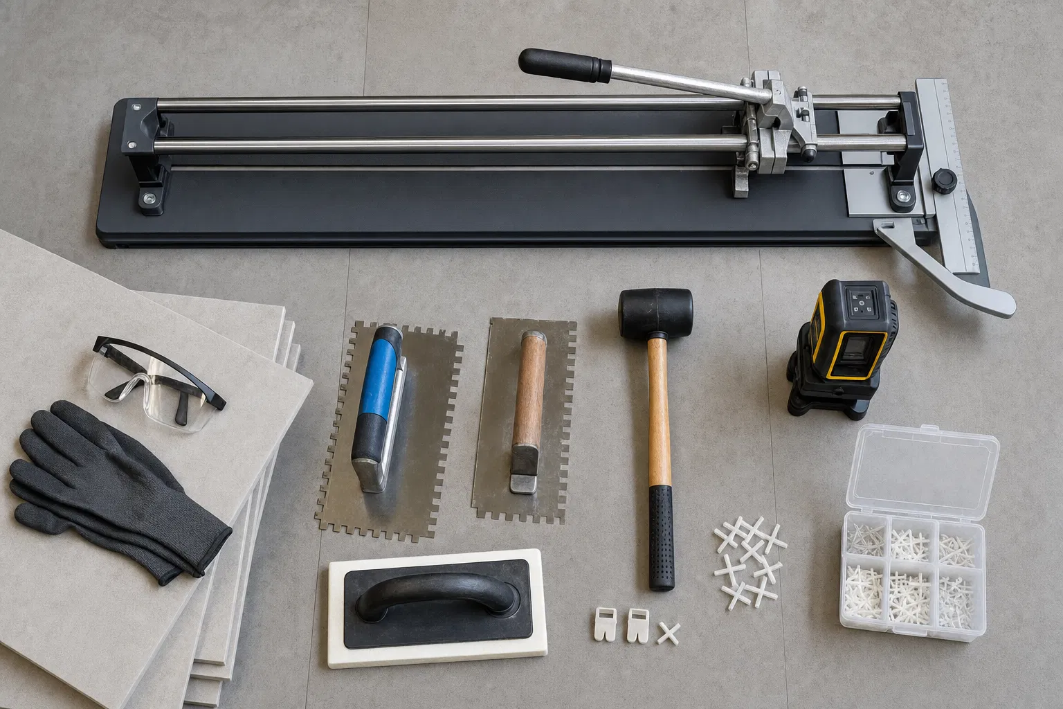 Professionelles Fliesenleger-Werkzeug: Fliesenschneider, Kelle, Gummihammer, Laser-Messgerät und Fliesenkreuze