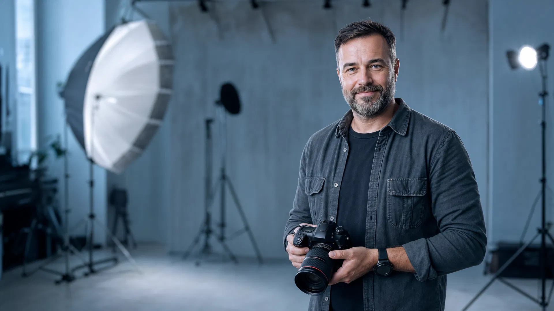 Fotograf selbstständig machen – Fotograf mit Profi-Kamera im Studio