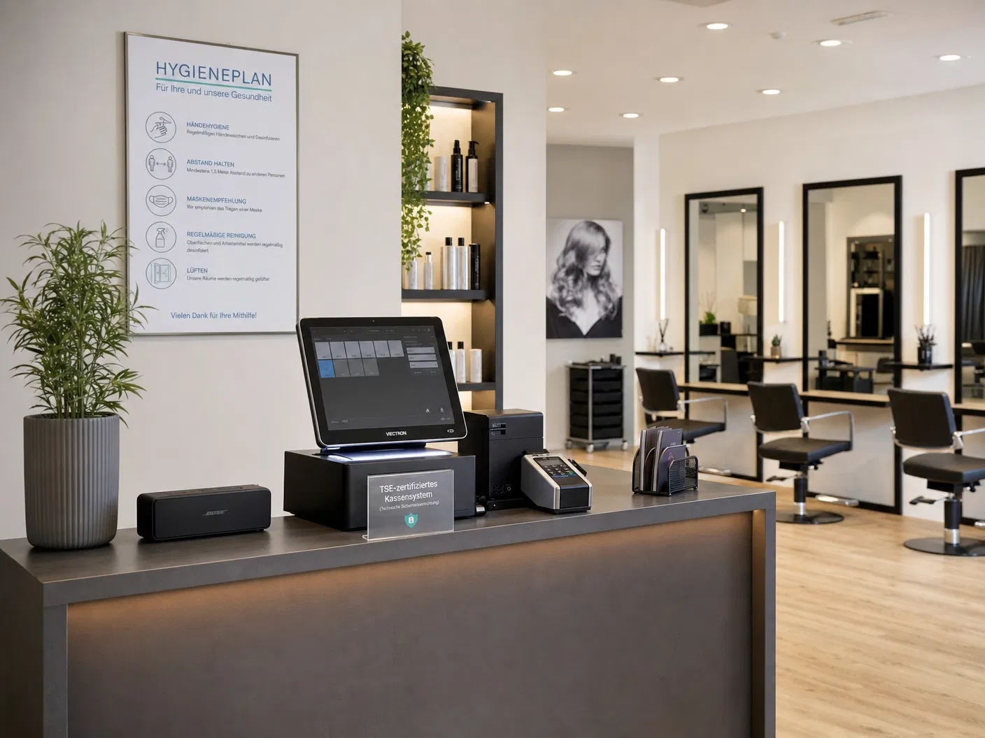Moderner Friseursalon-Empfang mit TSE-Kassensystem und Hygieneplan an der Wand