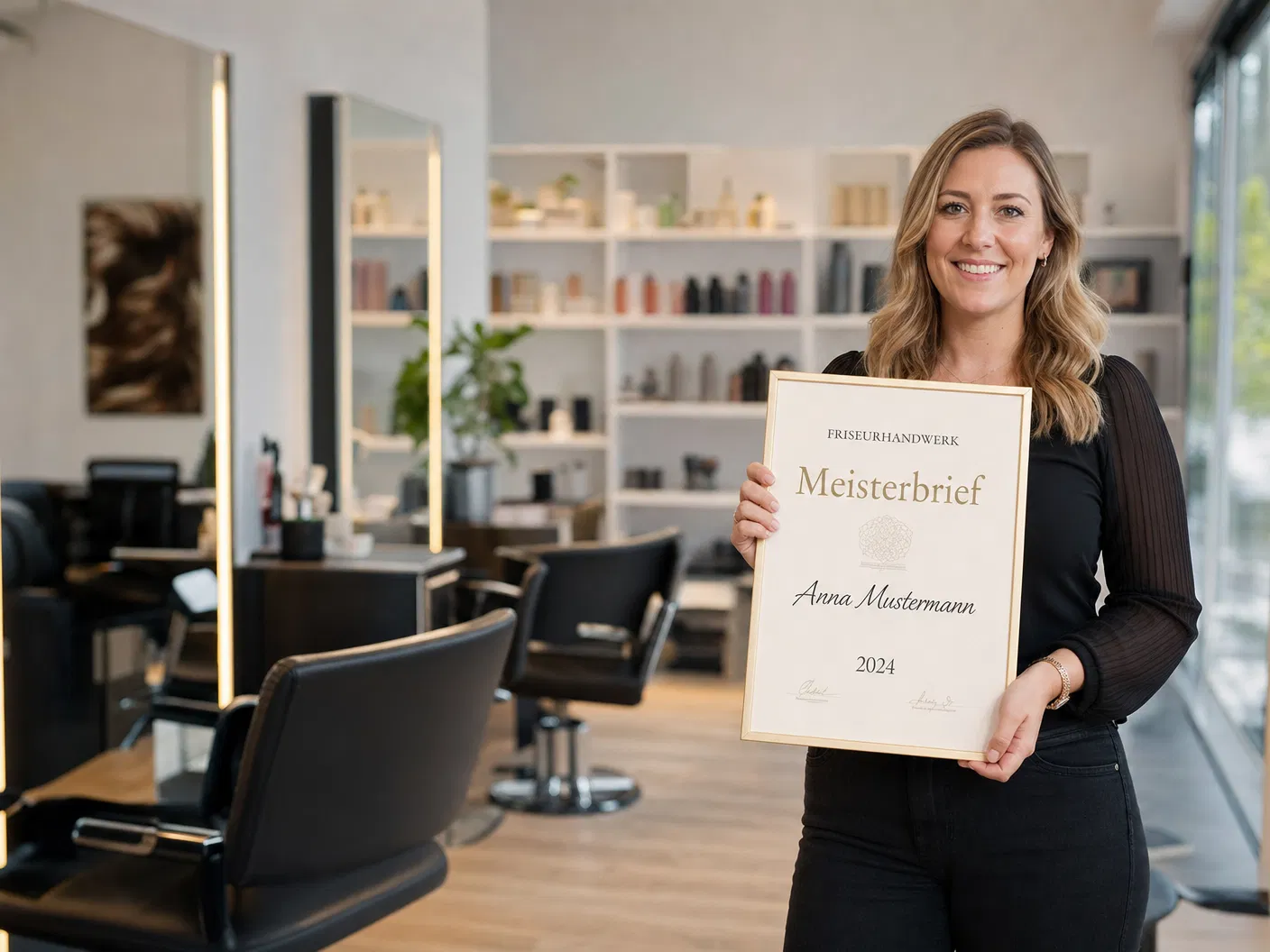Friseurmeisterin hält Meisterbrief FRISEURHANDWERK mit Namen Anna Mustermann und Jahreszahl 2024