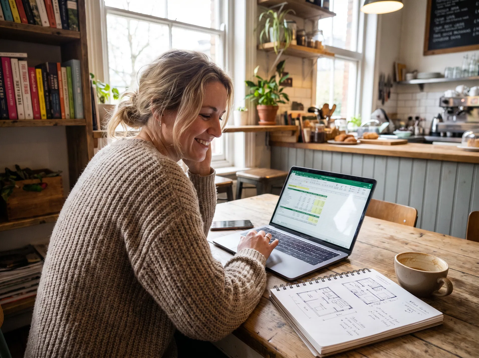 Gastronomiegründerin arbeitet an ihrem Businessplan mit Finanzplanung am Laptop