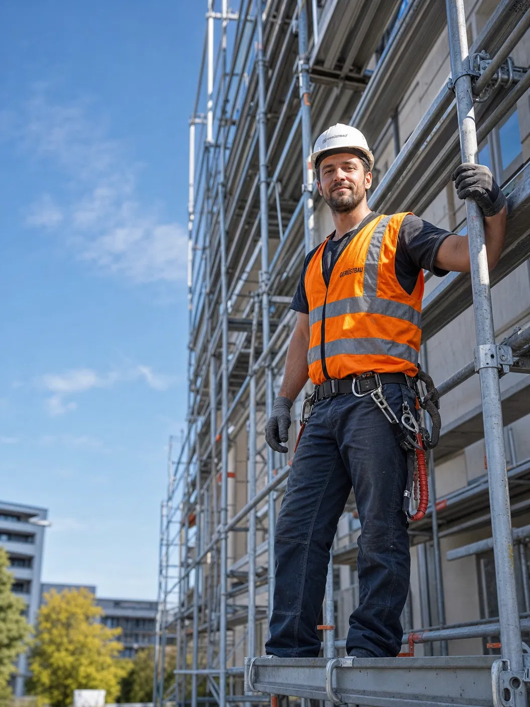 Gerüstbauer mit Helm und Sicherheitsgurt auf Gerüst vor Gebäudefassade – Gerüstbau Firma gründen