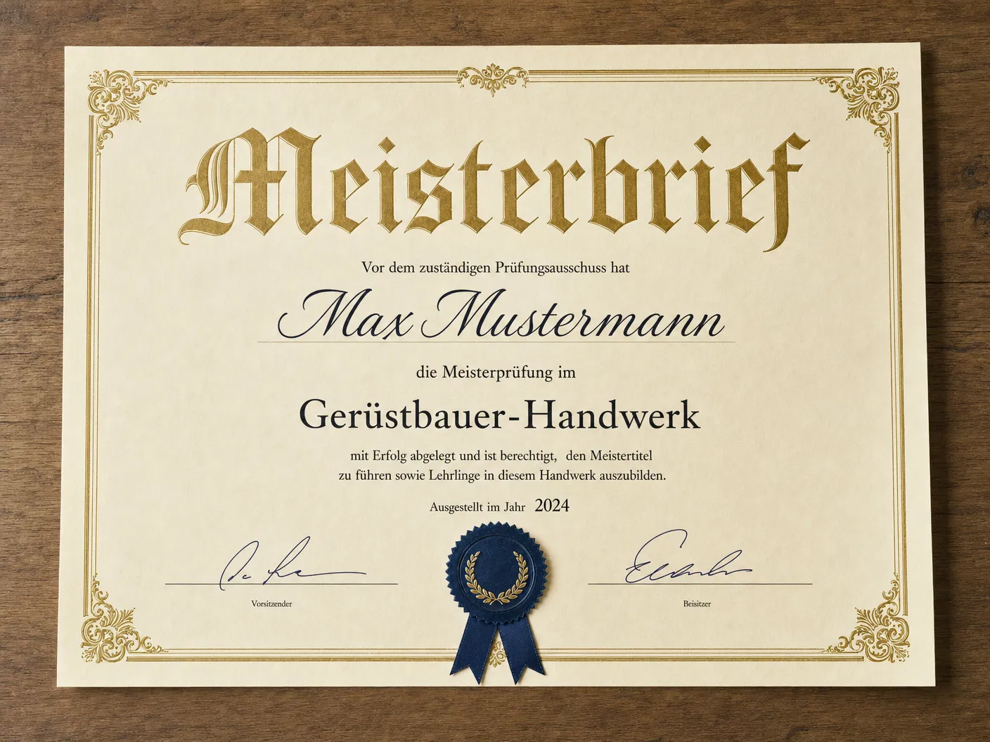 Meisterbrief Gerüstbauer-Handwerk mit Name Max Mustermann und Jahreszahl 2024