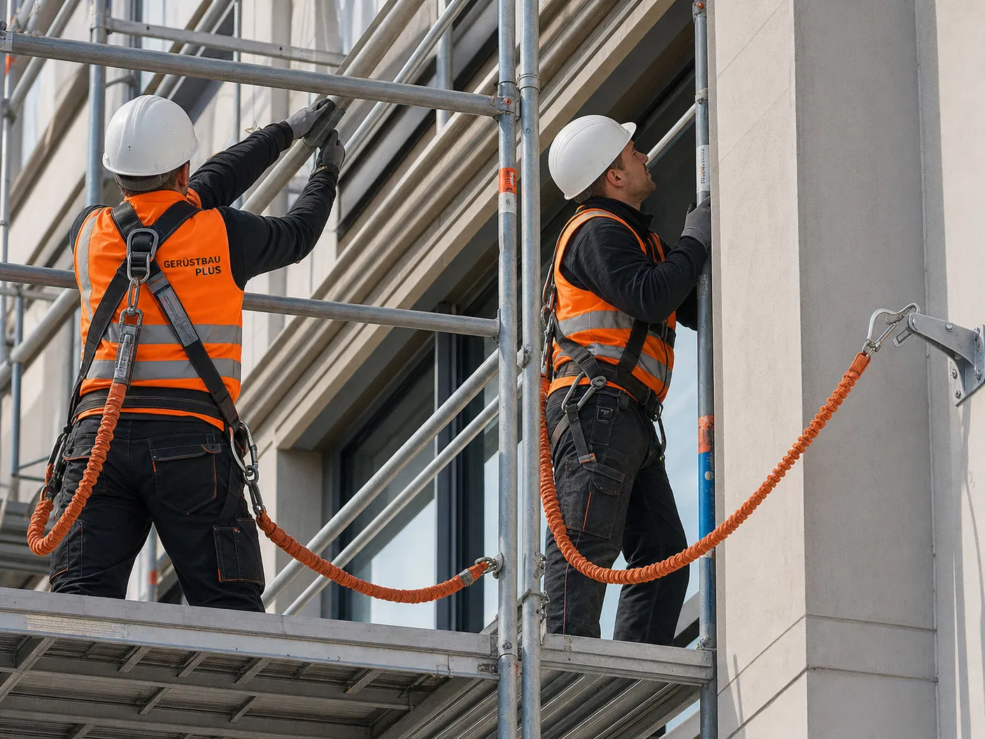 Gerüstbauer mit Sicherheitsgurt und PSA-Ausrüstung beim Aufbau von Gerüstrahmen – Arbeitssicherheit TRBS 2121