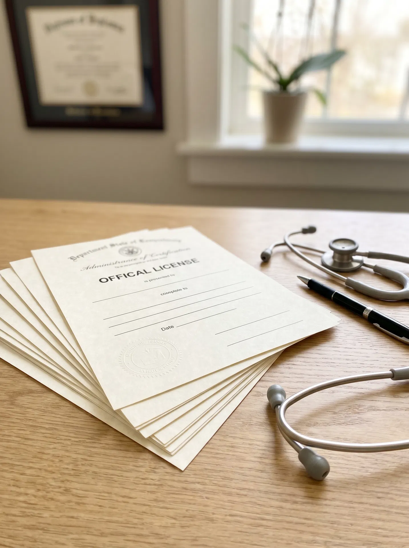Zulassungsdokumente und Stethoskop – Kassenzulassung für Gesundheitsberufe