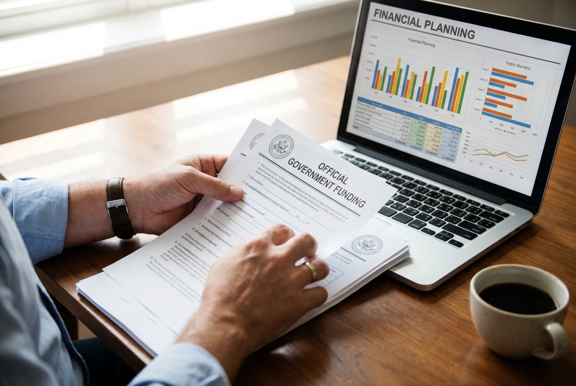 Förderantrag und Finanzplanung – Dokumente und Laptop mit Charts