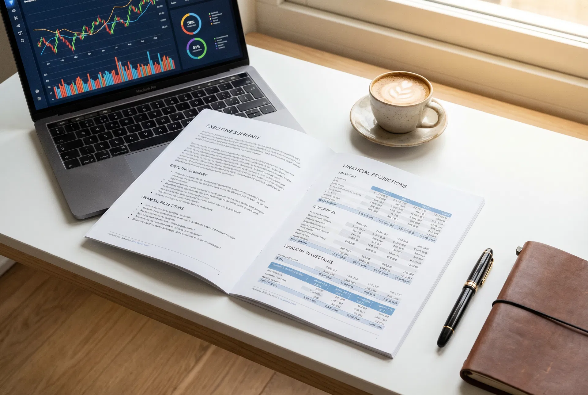 Businessplan mit Finanzplanung – Dokument und Laptop mit Charts
