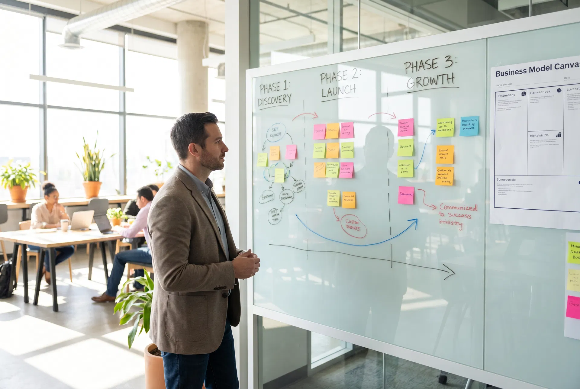 Gründer plant Geschäftsphasen am Whiteboard mit Business Model Canvas