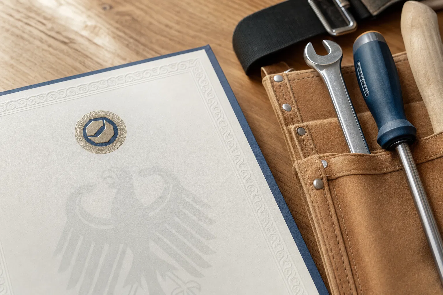 Handwerkskammer-Dokument und Werkzeug – HWO-Grenze beim Hausmeisterservice
