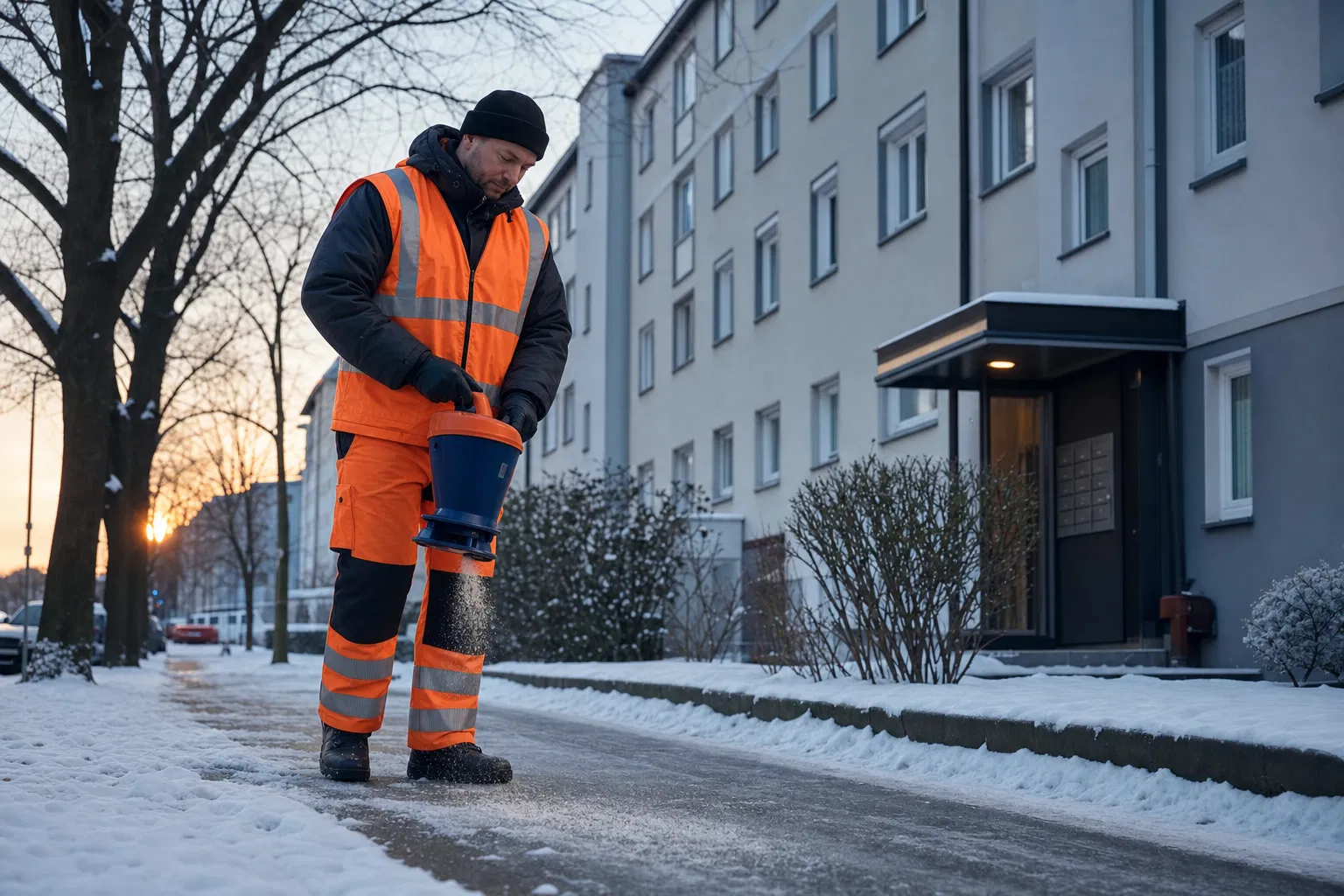 Hausmeister im Winterdienst streut Salz auf eisigem Gehweg vor Wohngebäude