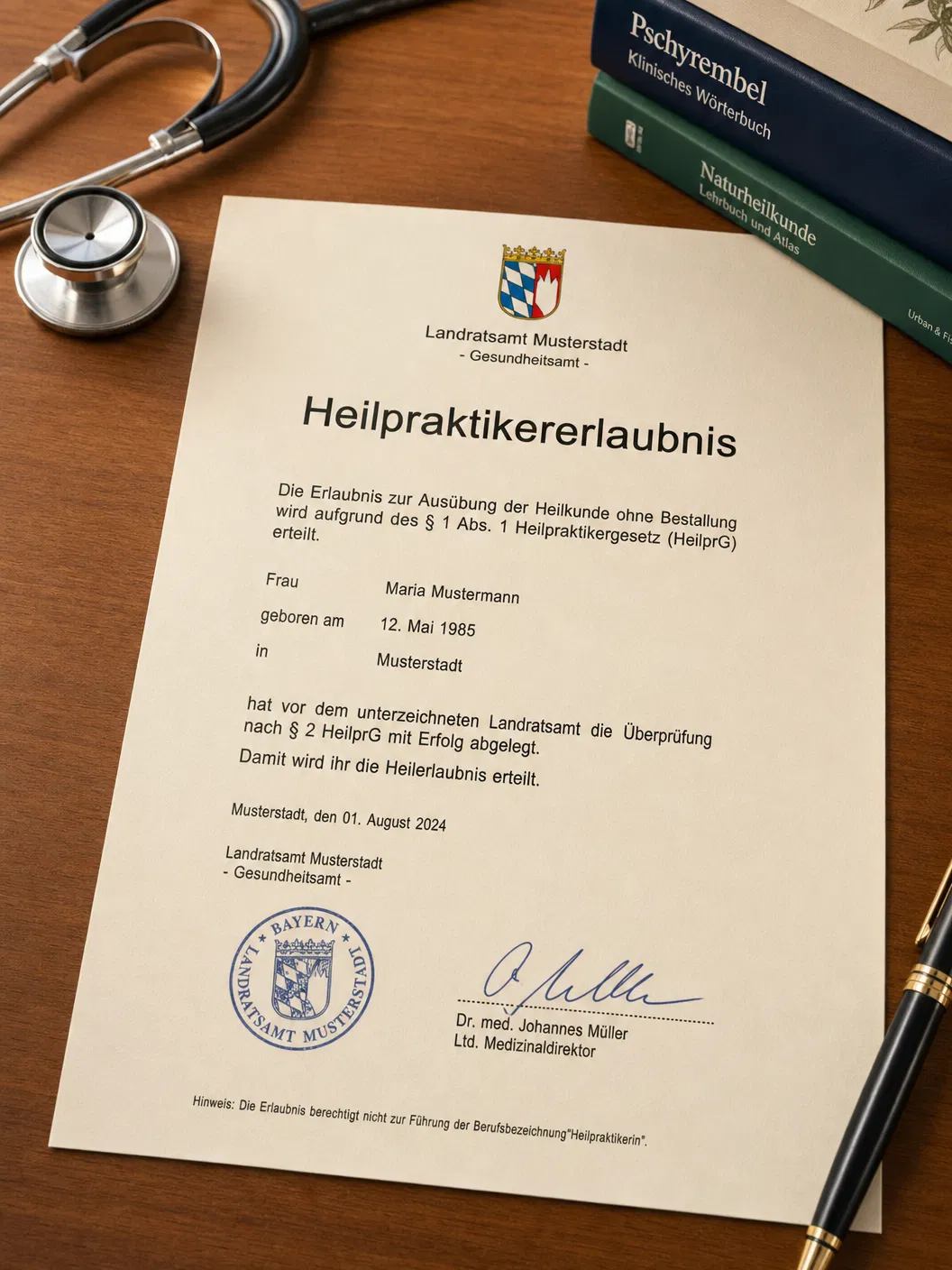 Heilpraktikererlaubnis-Dokument vom Gesundheitsamt mit Stempel und Unterschrift – Heilpraktikererlaubnis § 1 HeilprG