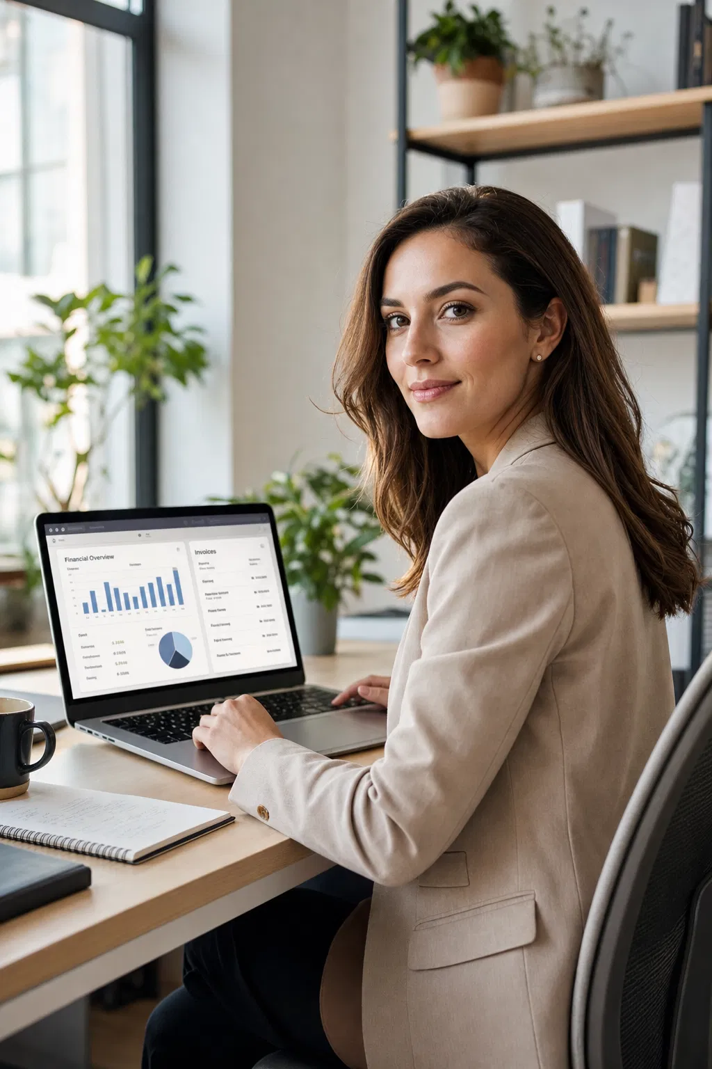 Selbstständige arbeitet mit Buchhaltungssoftware am Laptop