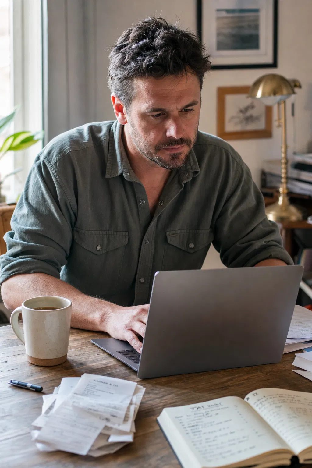 Selbstständiger erstellt Einnahmenüberschussrechnung am Laptop mit Belegen