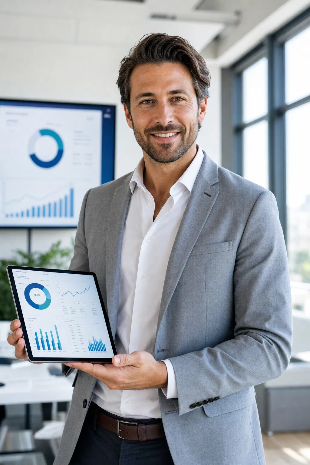 Gründer analysiert Marktdaten auf einem Tablet