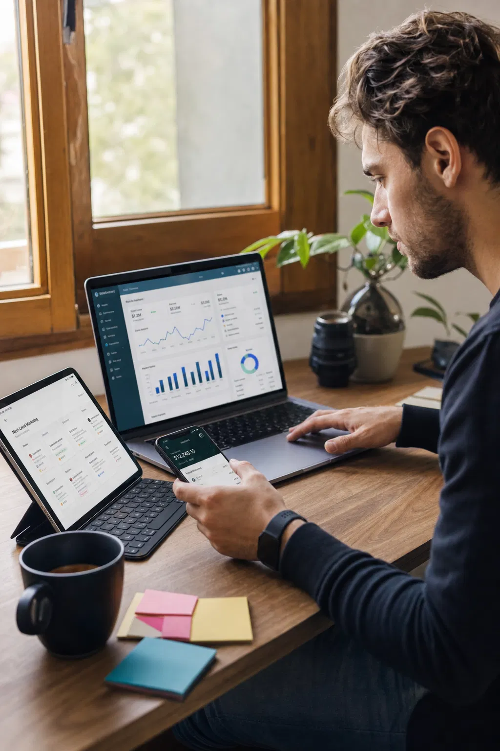Gründer arbeitet mit mehreren digitalen Tools auf Laptop und Tablet