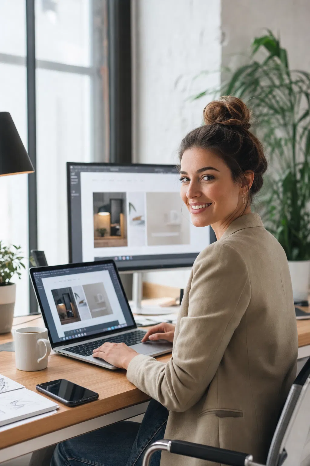 Gründerin arbeitet am Laptop an einem professionellen Website-Design