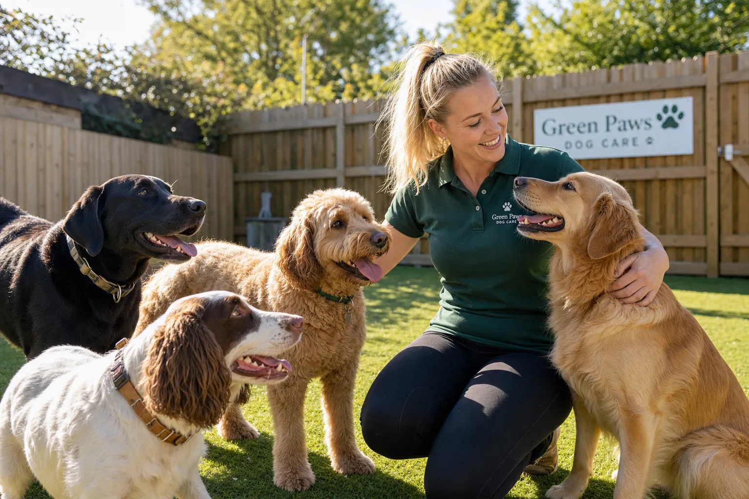 Hundepension eröffnen: Gründerin betreut eine Gruppe von Hunden auf dem Außengelände ihres Hundehotels