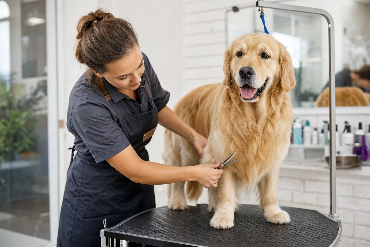 Hundesalon eröffnen: Hundefriseurin pflegt das Fell eines Hundes auf dem Trimmtisch in ihrem eigenen Salon