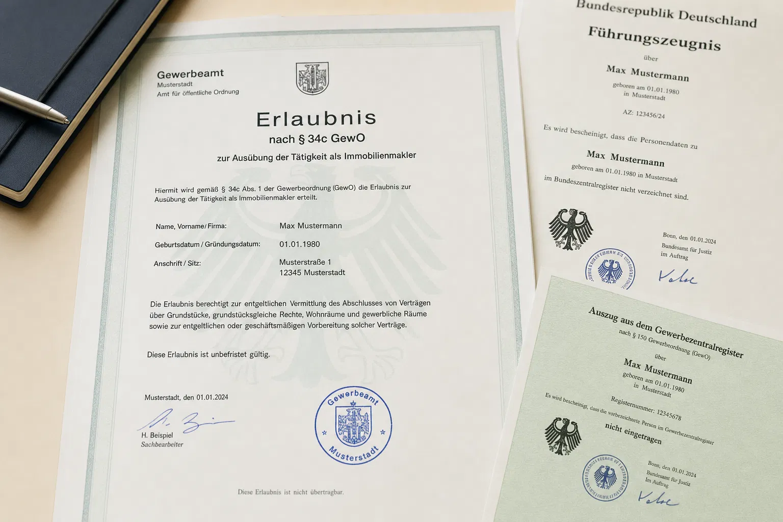§ 34c GewO Maklererlaubnis: Führungszeugnis, Gewerbezentralregister und Erlaubnisurkunde für Immobilienmakler
