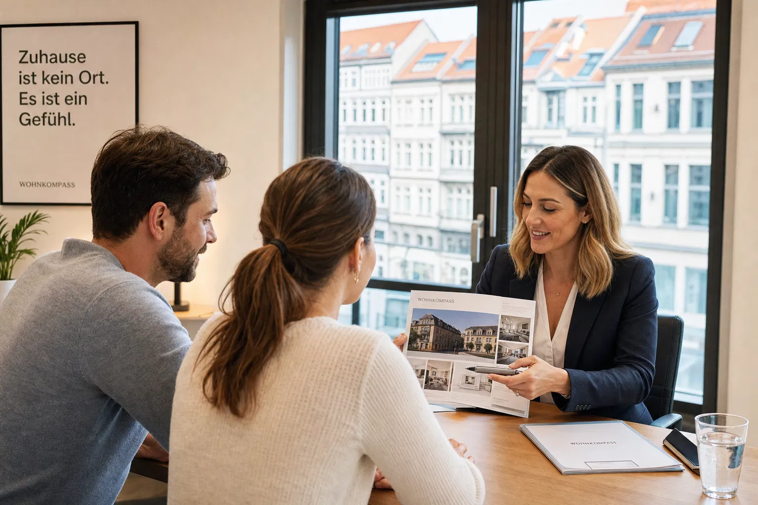 Immobilienmakler zeigt Kaufinteressenten eine Immobilienbroschüre – Als Immobilienmakler selbstständig machen 2026