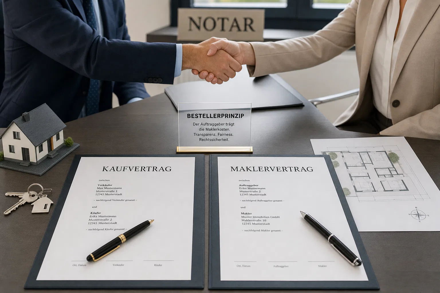 Maklervertrag und Kaufvertrag beim Notar: Bestellerprinzip und Halbteilung der Provision beim Immobilienverkauf