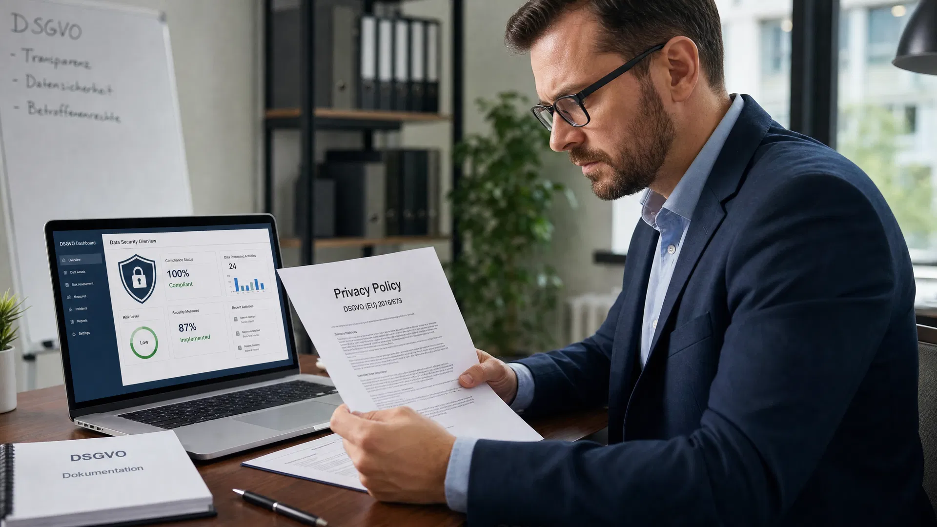 IT-Berater prüft DSGVO-Dokumentation und Datenschutz-Dashboard