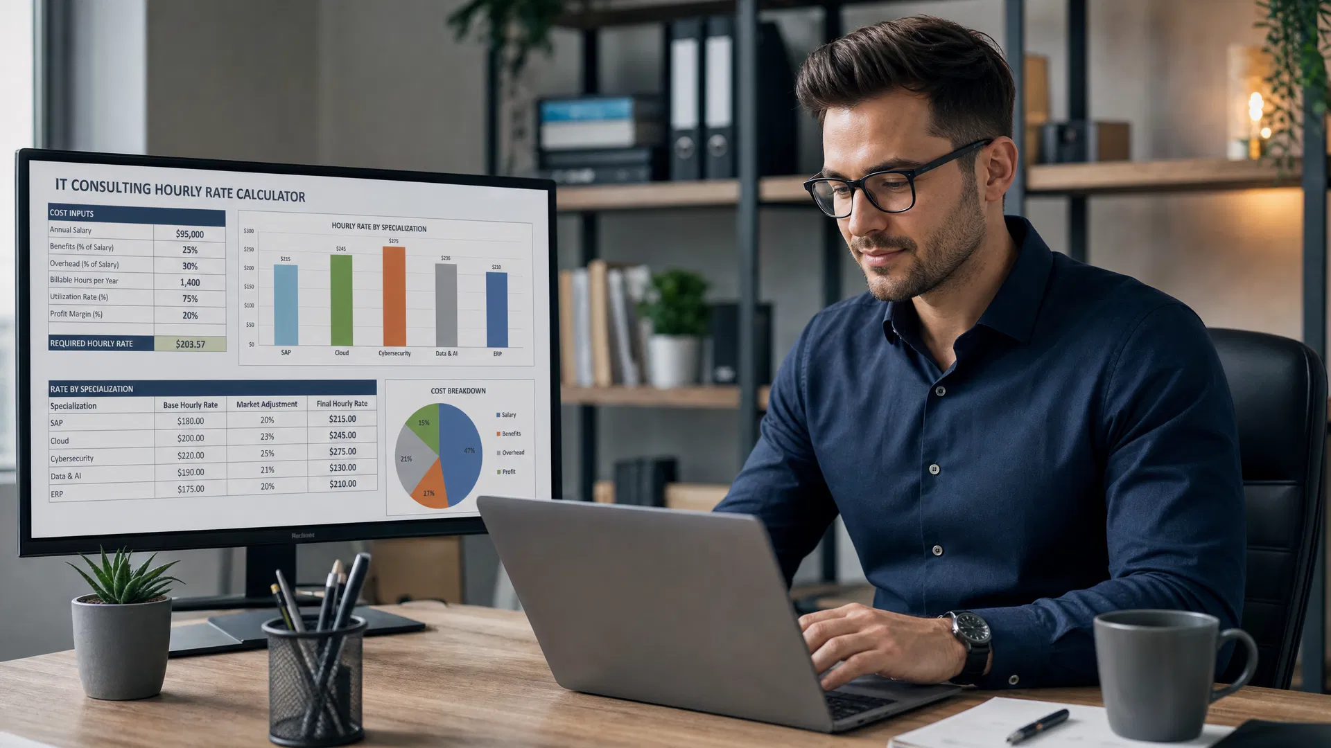 IT-Berater kalkuliert Stundensatz nach Spezialisierung – SAP, Cloud, Cybersecurity