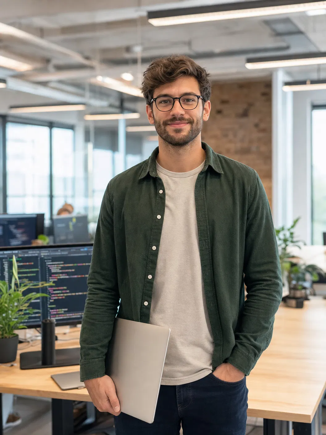 IT-Startup-Gründer mit Laptop in modernem Tech-Office