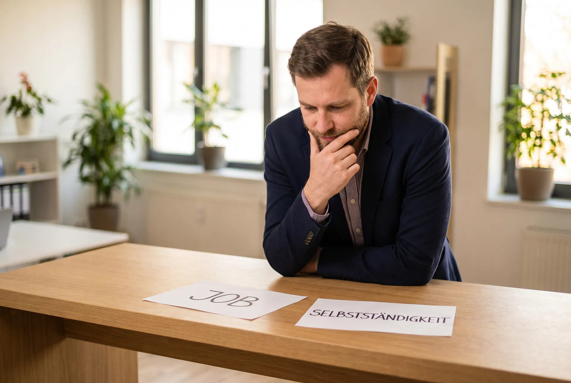 Mann überlegt zwischen Job und Selbstständigkeit – Karrierewechsel Entscheidung