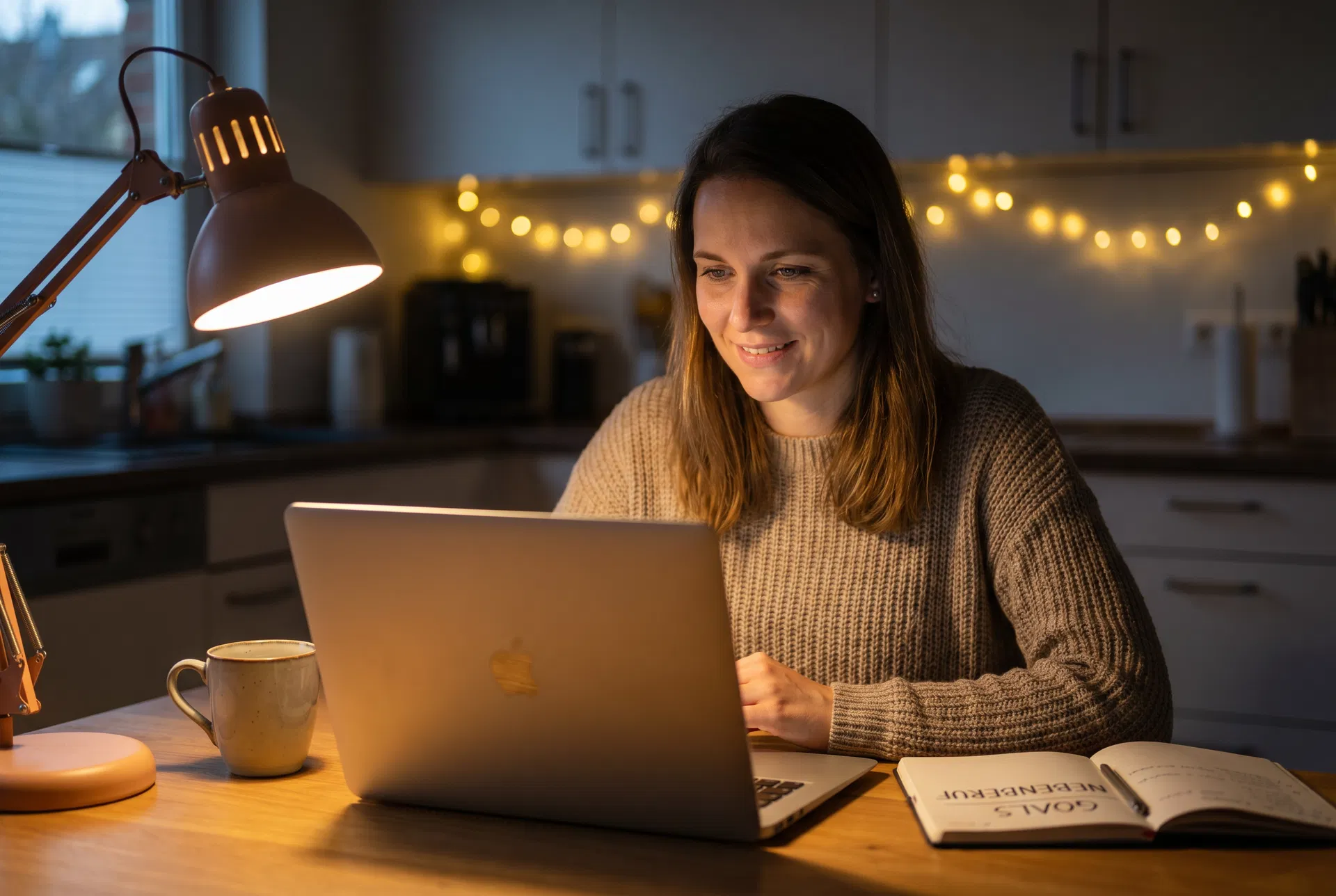 Frau arbeitet abends nebenberuflich am Laptop – Side Hustle Selbstständigkeit