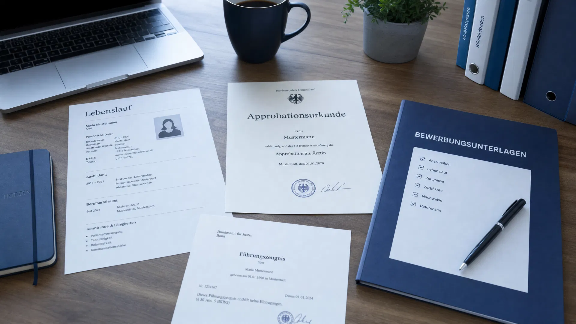 Approbationsurkunde, Führungszeugnis und Bewerbungsunterlagen für Kassenzulassung