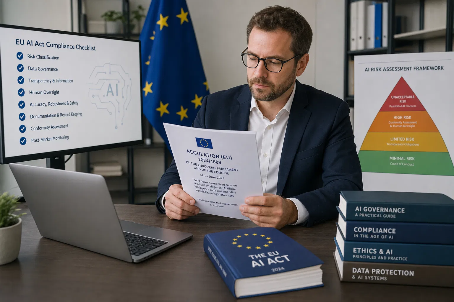 Berater liest EU AI Act Verordnung mit Risikopyramide – EU AI Act Compliance 2026