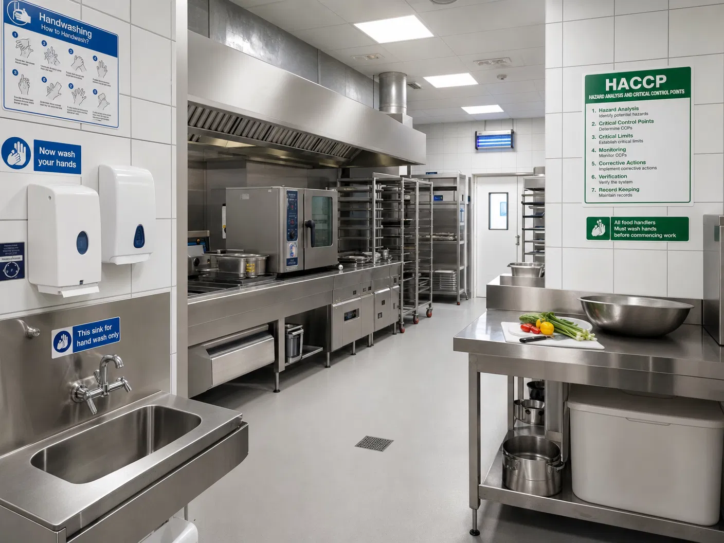 Professionelle Gewerbeküche mit Edelstahlflächen, Fliesenwänden, separatem Handwaschbecken und HACCP-Beschilderung – Gewerbeküche Koch