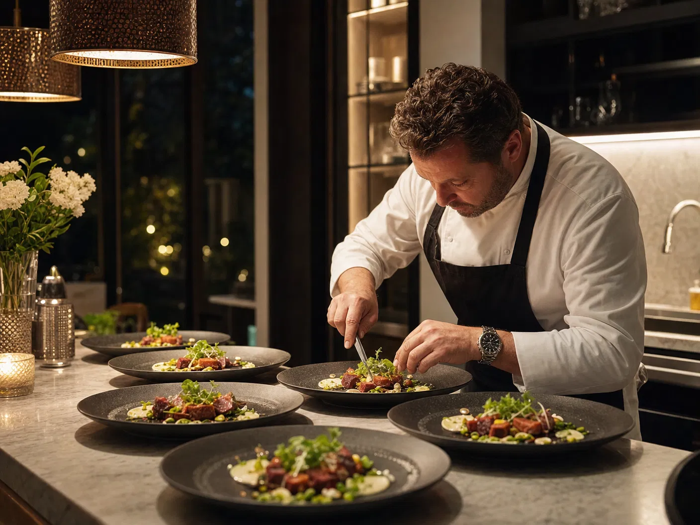 Privatkoch richtet Gourmet-Gerichte für exklusives Dinner-Party bei Kunden zu Hause an – Privatkoch selbstständig