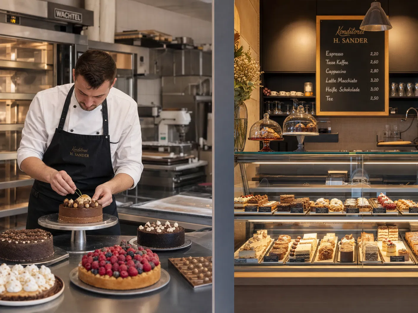 Konditorei vs. Café: Backstube mit Konditor links, Café-Vitrine mit Kuchen rechts