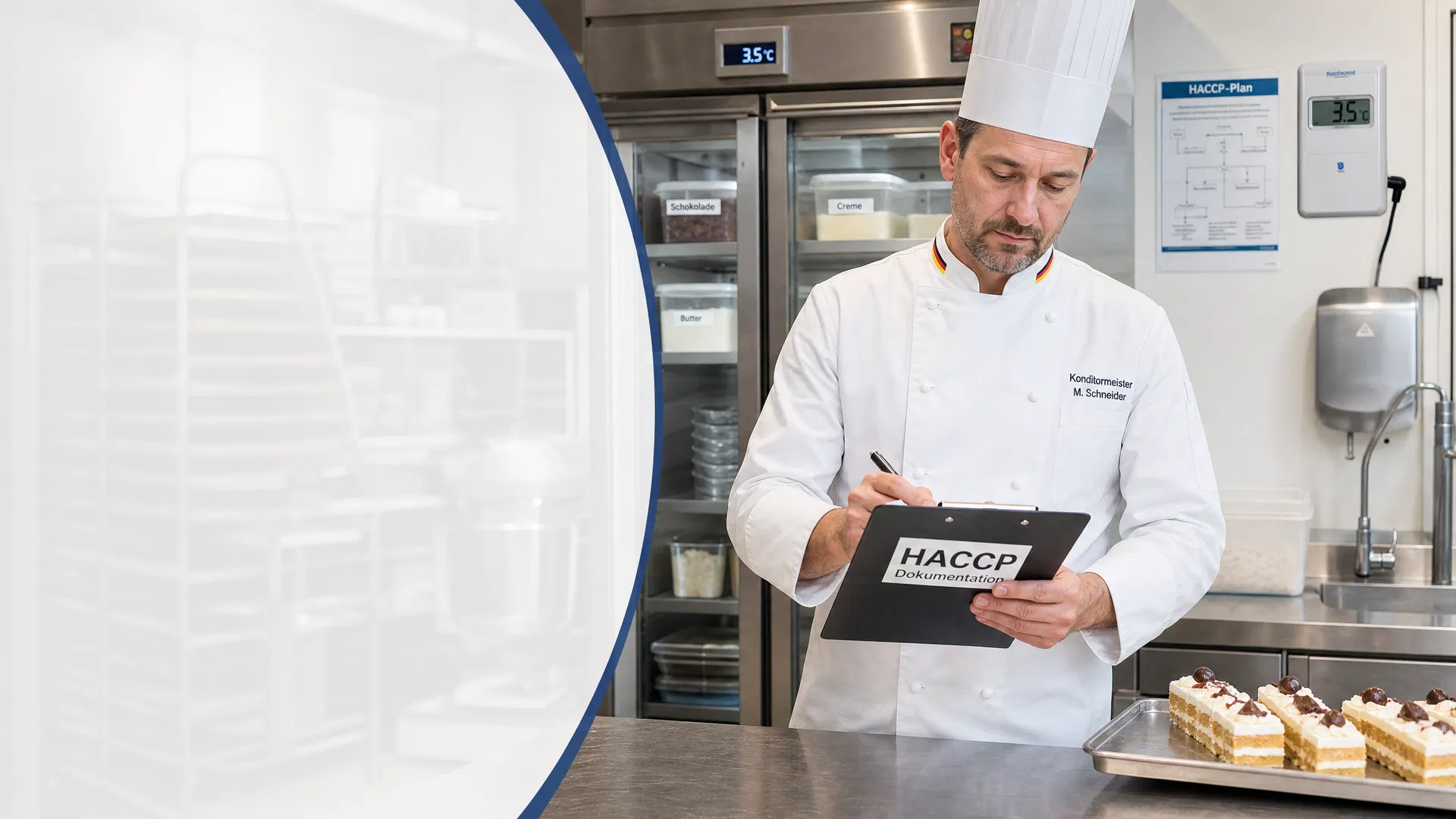 Konditormeister prüft HACCP-Dokumentation in der Backstube – Hygiene-Auflagen Konditorei