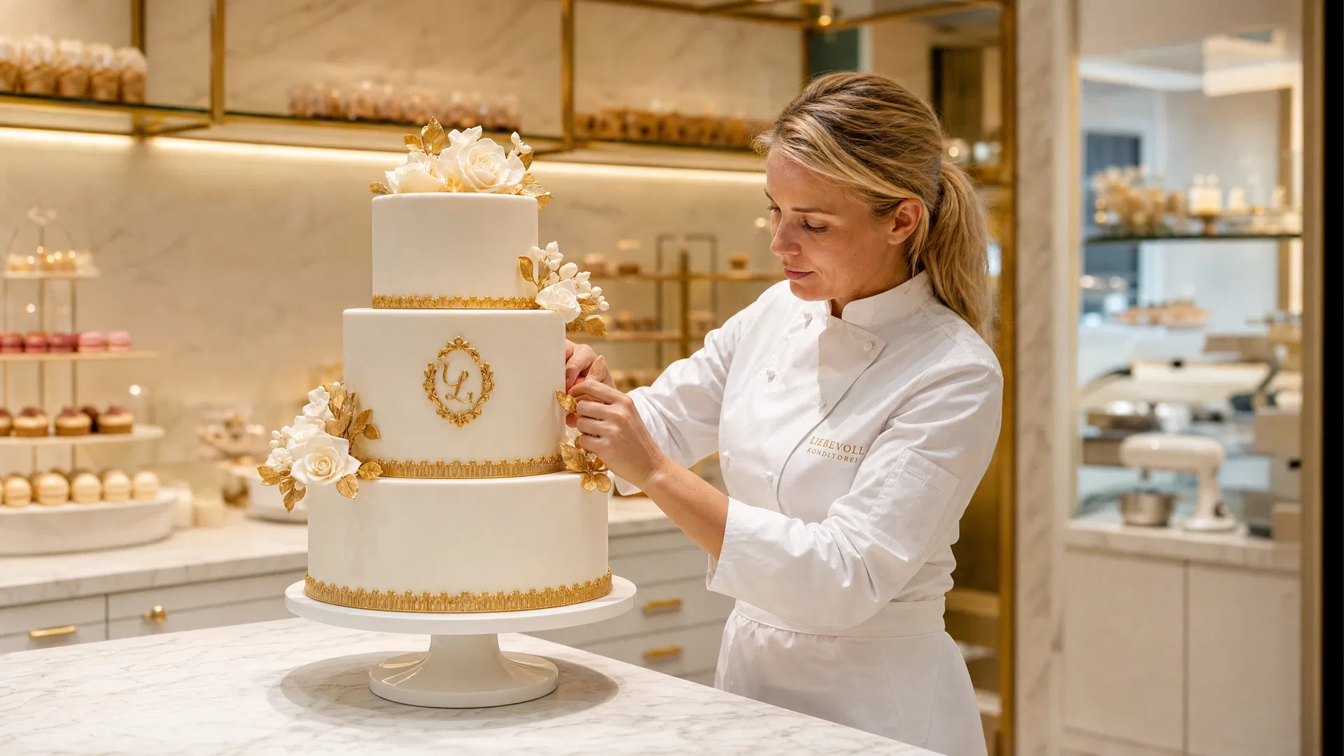 Konditorin dekoriert eine Hochzeitstorte in einer modernen Konditorei – Konditorei eröffnen