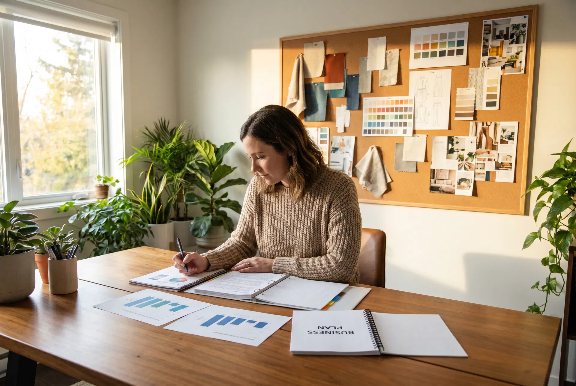 Kreative Unternehmerin arbeitet an Businessplan und Fördermittelunterlagen